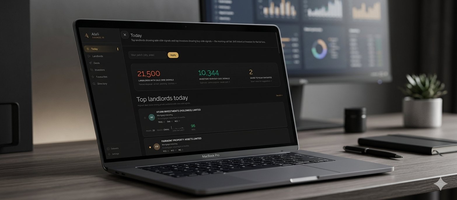 Alali Source — the Today view, surfacing live buy-side and sale-side signals across the UK property market